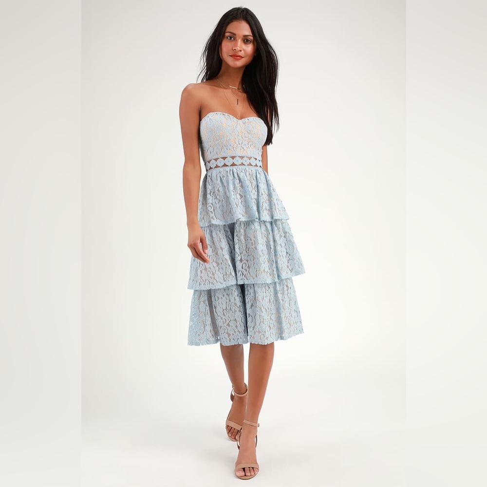 NWT: Adorn Light Blue Lace Strapless Midi Dress